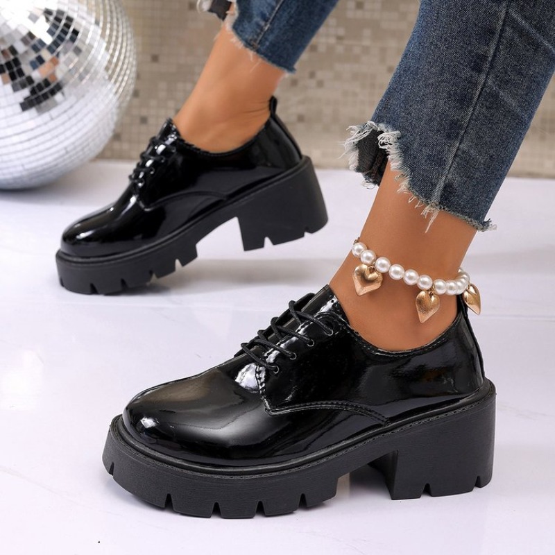 Oxford Lace Up Women - Sepatu Flat Platform Hitam Musim Semi