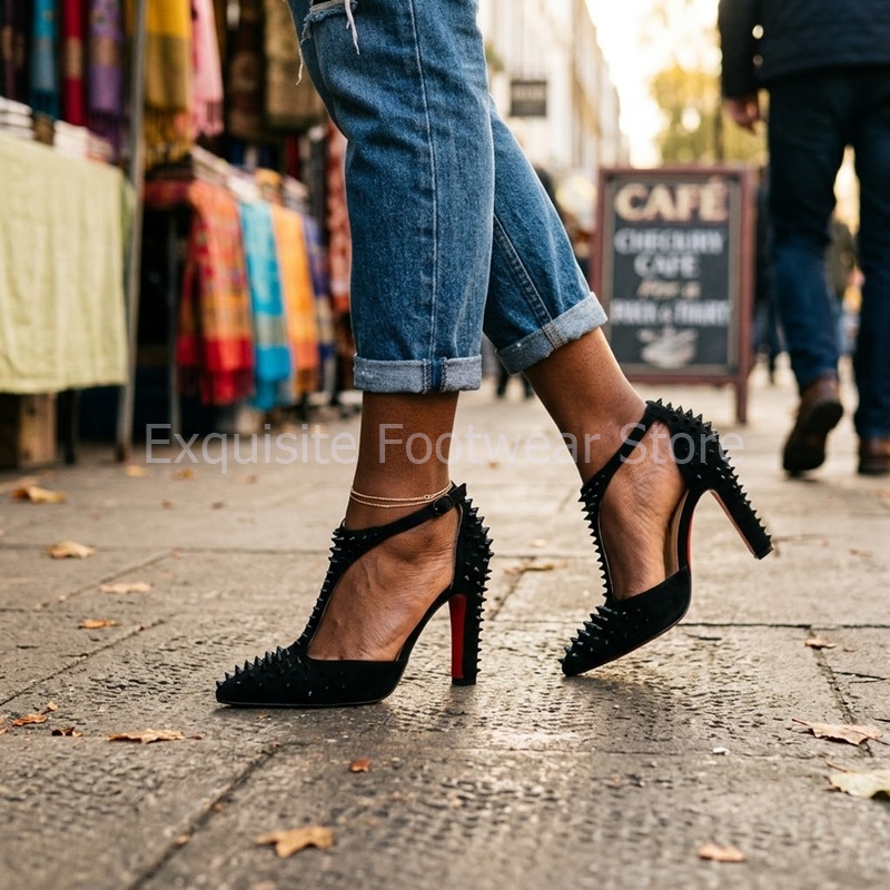 Sepatu hak tinggi suede hitam  - Court Heel Pointed ulasan dan harga