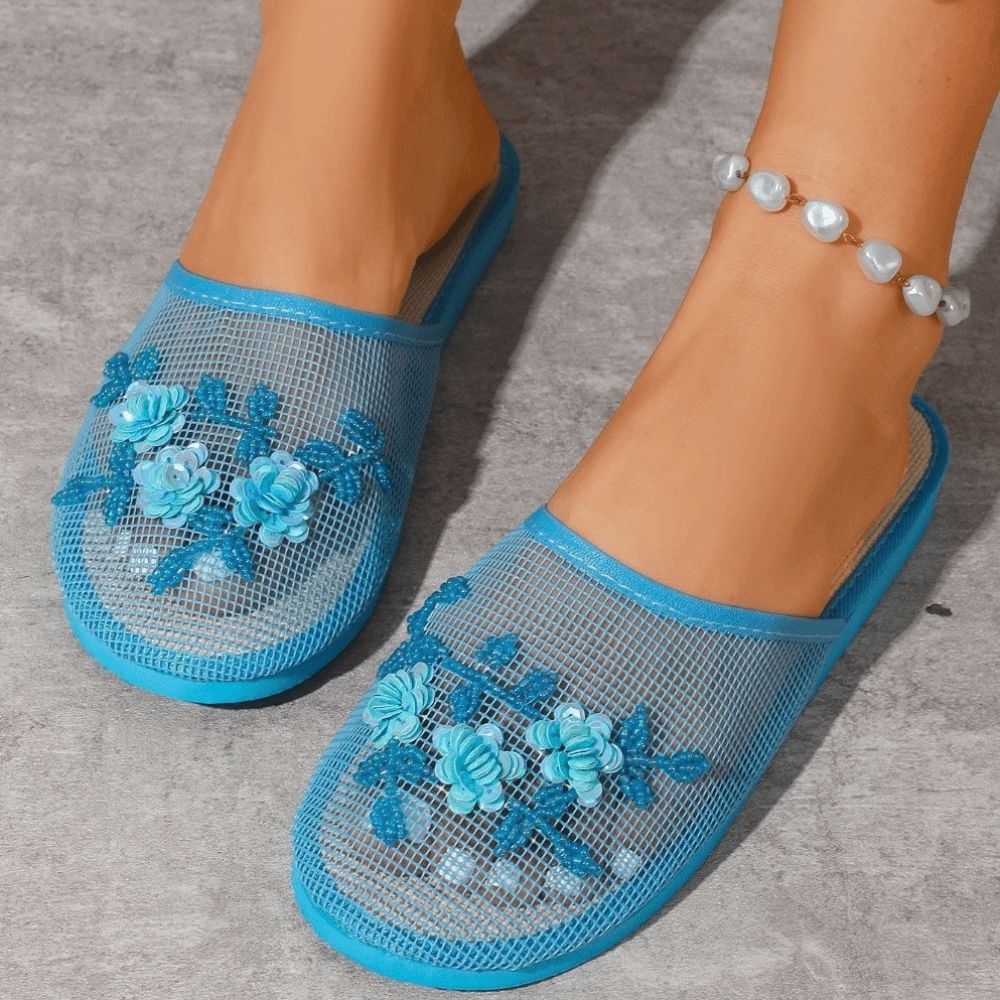 Sandal Jaring Bordir Bunga Kas - Mule Slip On ulasan dan harga